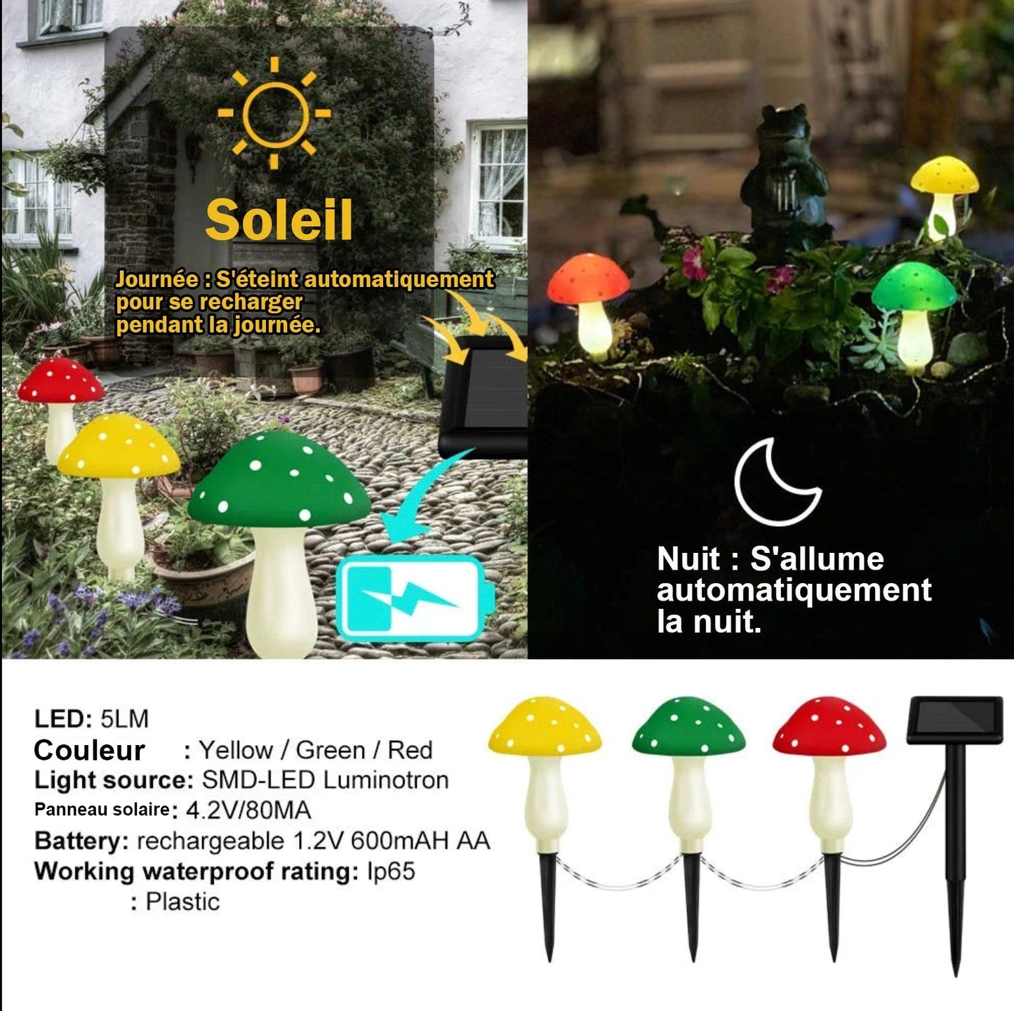- Guirlande lumineuse champignon à panneau solaire 12 LED - Solairox